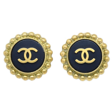 CHANEL Button Earrings Gold Black Clip-On 95P 37952