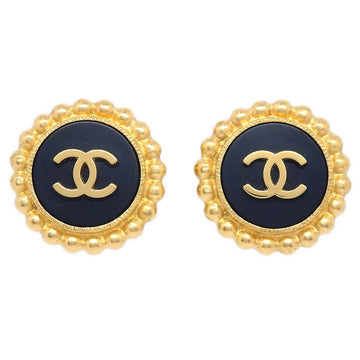 CHANEL Button Earrings Gold Black Clip-On 95A 70086