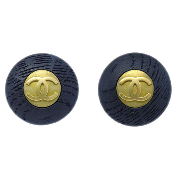 CHANEL Button Earrings Gold Black Clip-On 94P 60169