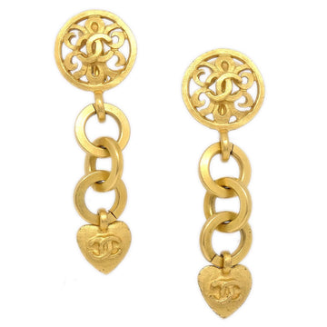 CHANEL 1995 Heart Dangle Earrings Clip-On Gold 60416