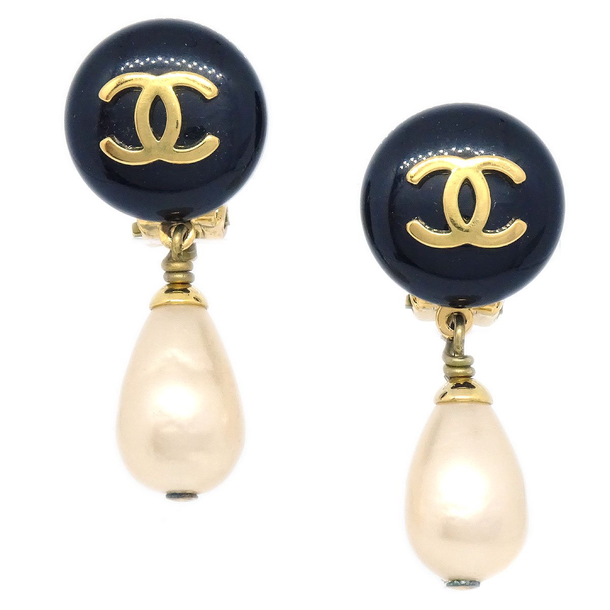 Chanel Crystal Pearl CC Drop Earrings Gold