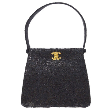 CHANEL 1997-1999 Black Satin Lace Both Side Turnlock Handbag 81287