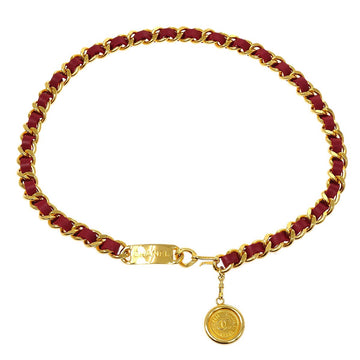 CHANEL★ Medallion Charm Gold Chain Belt Red Small Good 71643