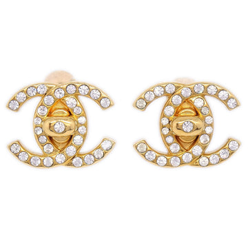 CHANEL 1996 Crystal & Gold CC Turnlock Earrings Clip-On Small