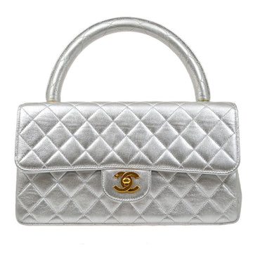 CHANEL 1994 Silver Lambskin Quilted Top Handle Bag 72849