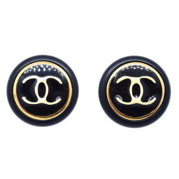 CHANEL 1997 Button Earrings Gold Black Clip-On 93184