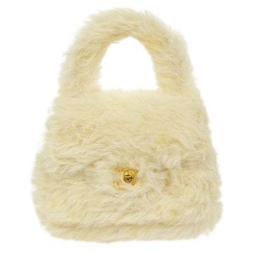 CHANEL * 1994 White Alpaca Fur Top Handle Bag 93186