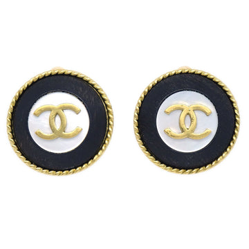 CHANEL 1994 Mother of Pearl Button Earrings Gold Black Clip-On 20909