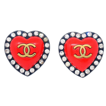 CHANEL Heart Rhinestone Earrings Clip-On Red Black 95P GS02310e