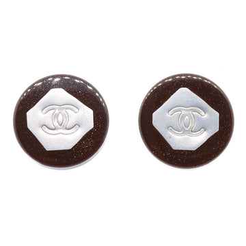 CHANEL 1995 Button Earrings Clip-On Brown Silver 01709