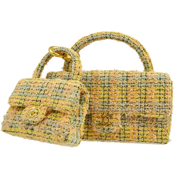 CHANEL★ * 1991-1994 Top Handle Bag Set Yellow Tweed 74703