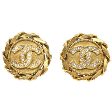 CHANEL Button Rhinestone Earrings Clip-On Gold 23 75075