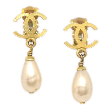 CHANEL 1996 Teardrop Faux Pearl CC Earrings Gold