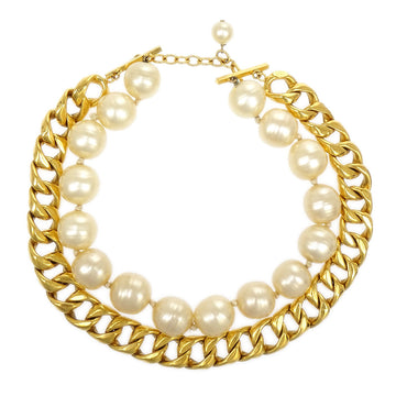 CHANEL 1993 Faux Pearl Gold Chain Necklace 23916