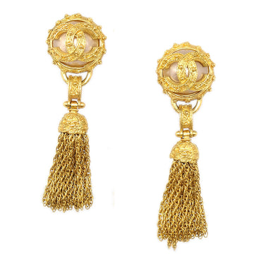 CHANEL 1994 Faux Pearl Florentine Filigree Tassel Earrings Clip-On Gold 45412