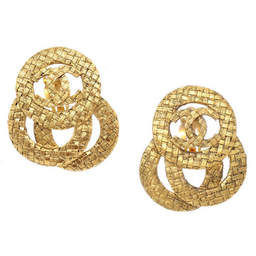 CHANEL 1994 Woven CC Earrings Clip-On Gold 2848