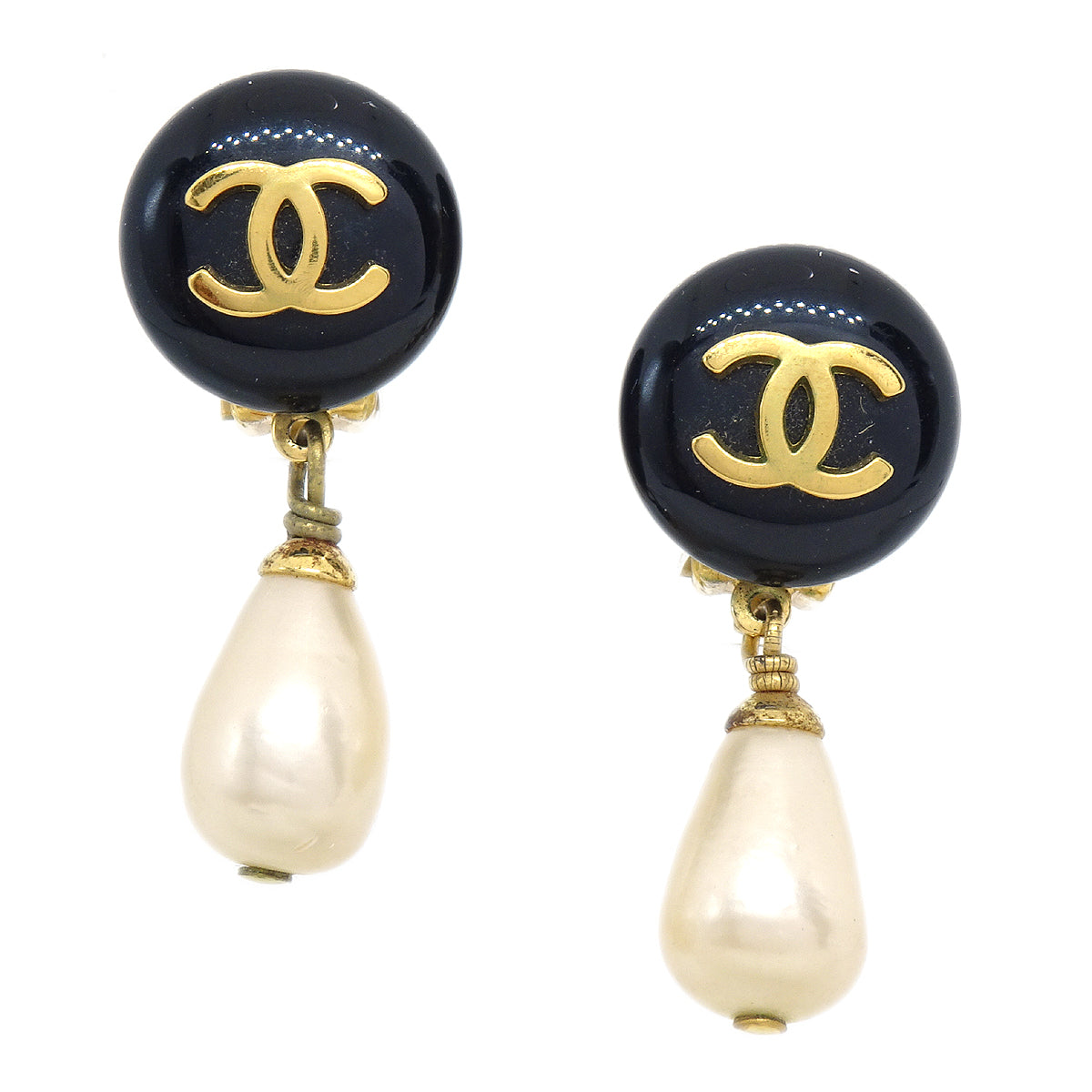Chanel 1995 Faux Pearl Dangle Earrings Black 24750