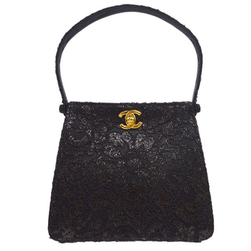 CHANEL * Lace Both Side Handbag Black Satin 57058