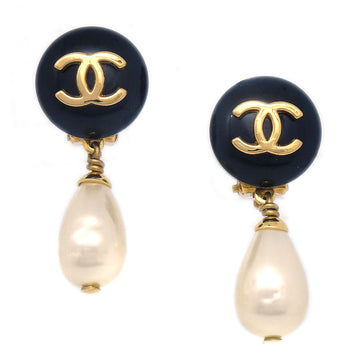 CHANEL Imitation Pearl Earrings Clip-On Black 96P 27201