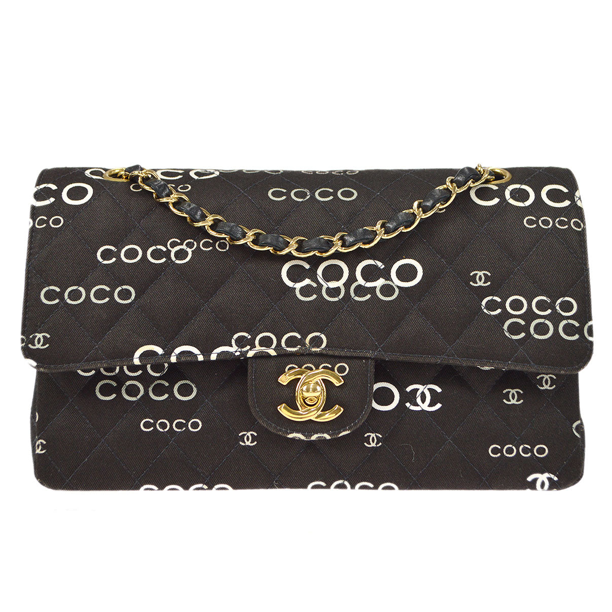 CHANEL 2001-2003 COCO patterned Classic Double Flap Medium Black Canva