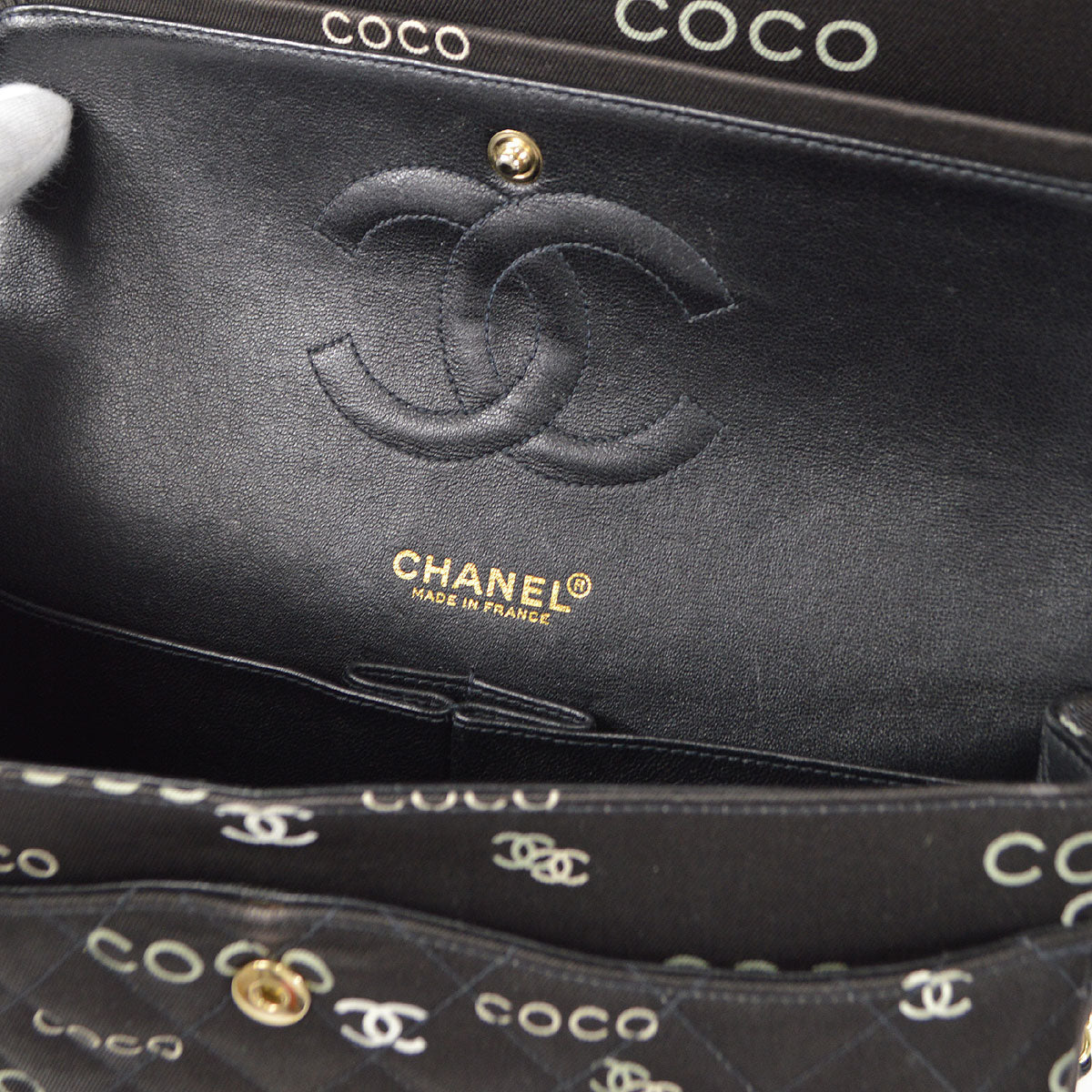 CHANEL 2001-2003 COCO patterned Classic Double Flap Medium Black Canva