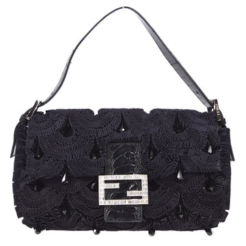 FENDI * Baguette Handbag Black Beads Crocodile 48493