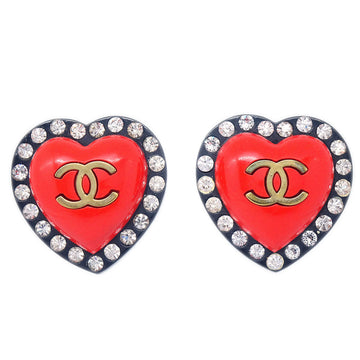 CHANEL Heart Rhinestone Earrings Red Clip-On 95P 45673