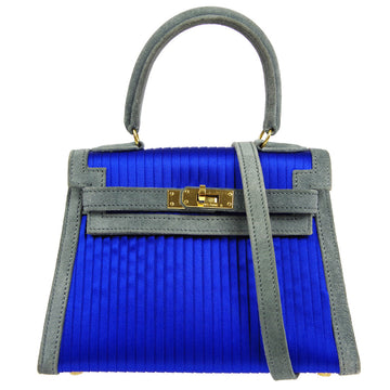 HERMES * KELLY 20 SELLIER 2way Shoulder Handbag Pleats Blue Gray Doblis Satin 66285