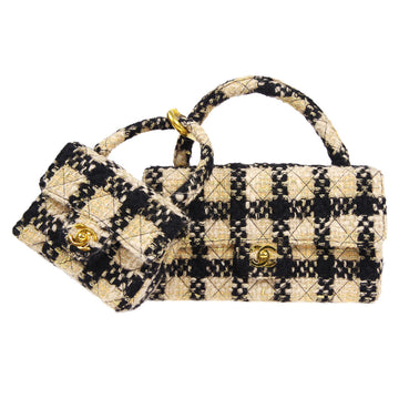CHANEL * Classic Single Flap 2 in 1 Handbag Set Beige Black Gold Tweed 66330