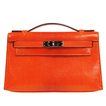 HERMES * POCHETTE KELLY Handbag Orange Lizard 66583