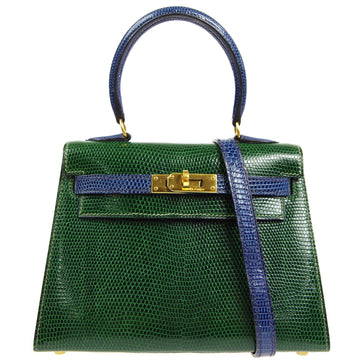 HERMES * KELLY 20 SELLIER 2way Shoulder Handbag Green Blue Lizard 96307