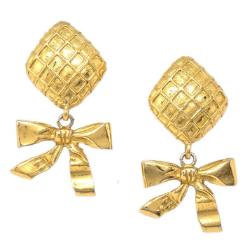 CHANEL Dangle Bow Earrings Gold Clip-On 27683
