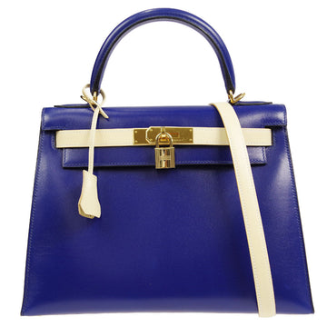 HERMES * KELLY 28 SELLIER 2way Shoulder Handbag Blue Ivory Box Calf 96654