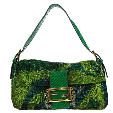 FENDI * Rhinestone Baguette Handbag Green Beads Python 87988