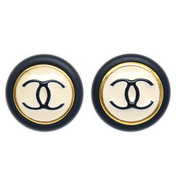CHANEL Button Earrings White Black Clip-On 96P 88055