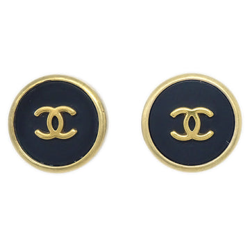 CHANEL Button Earrings Gold Black Clip-On 96P 97502