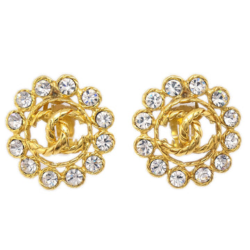 CHANEL Button Rhinestone Earrings Clip-On 29 Gold 97573