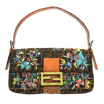FENDI * Zucca Embroidery Beads Baguette Handbag Brown 67372