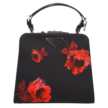 PRADA * Canapa Floral Frame Handbag Black 67431