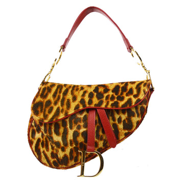 CHRISTIAN DIOR * Saddle Handbag Leopard Brown Pony Hair 77859