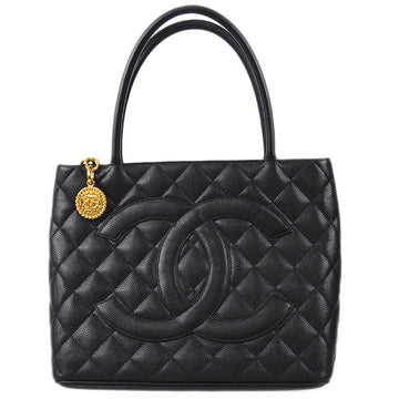 CHANEL Medallion Tote Handbag Black Caviar 67911