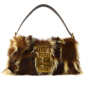 FENDI * Zucca Baguette Handbag Brown Fur 68464