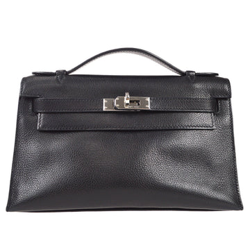 HERMES Kelly Pochette Handbag Black Evergrain 78425