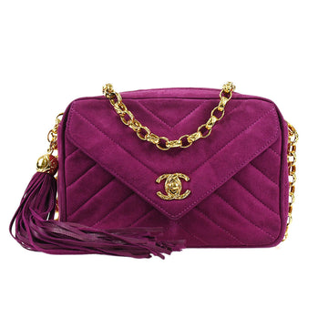 CHANEL V Stitch Fringe Bijou Chain Shoulder Bag Purple Suede 88343