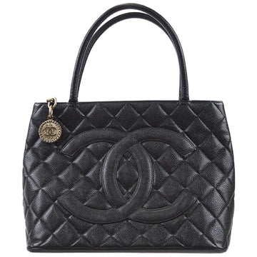 CHANEL Medallion Quilted Tote Handbag Black Caviar 78536