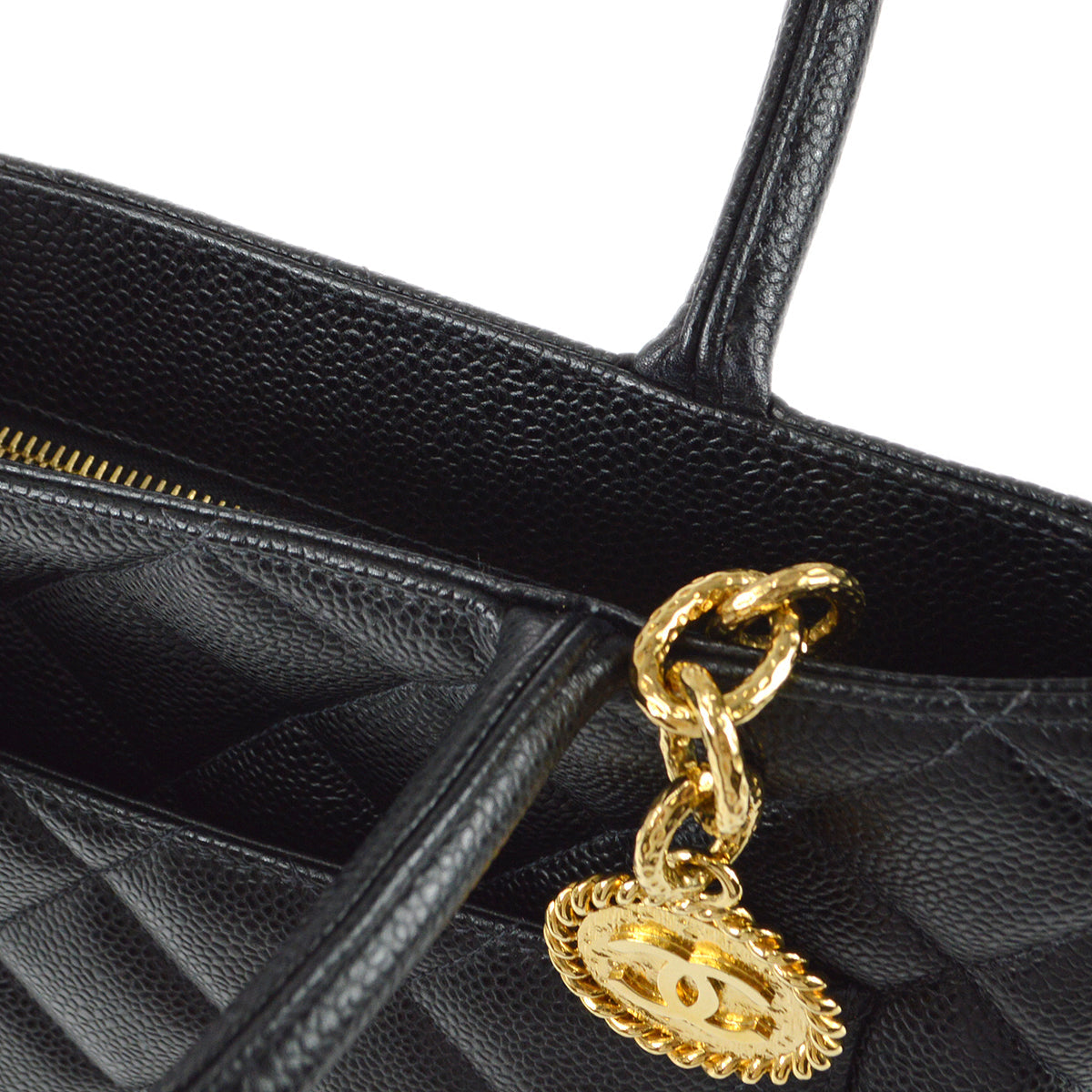 CHANEL Medallion Quilted Tote Handbag Black Caviar 78342