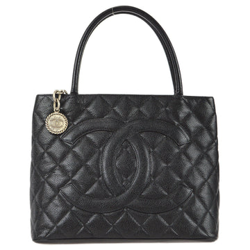CHANEL Medallion Quilted Tote Handbag Black Caviar 78590