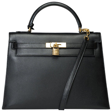 HERMES Vintage Kelly 32 sellier handbag strap in Black Courchevel leather, GHW