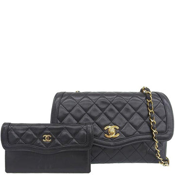 CHANEL Around 1990 Made Edge Design Flap Turn-Lock Bag With Pouch Black