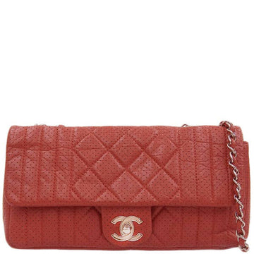 CHANEL Around 2007 Made Punching Leather Turn-Lock Chain Shoulder Bag Red
